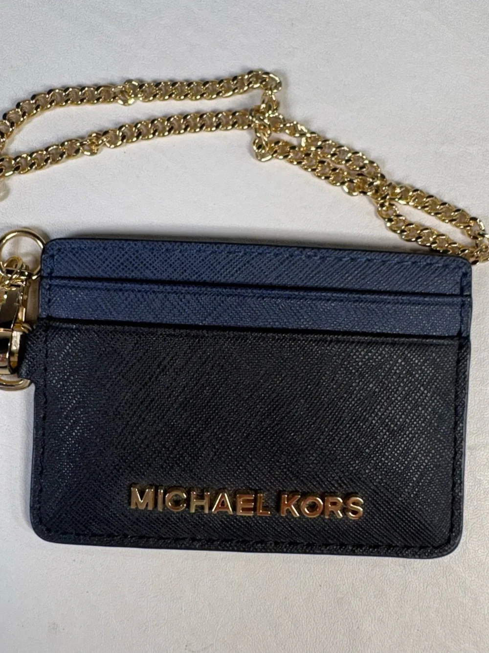 MICHAEL KORS Leather Black/BlueCard Holder With Gold Chain